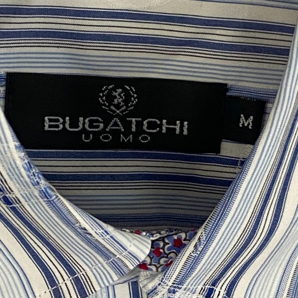 NWT Bugatchi Men Shirt Blue Black Paisley Striped Long Sleeve Flip Cuffs Med New - Picture 6 of 7